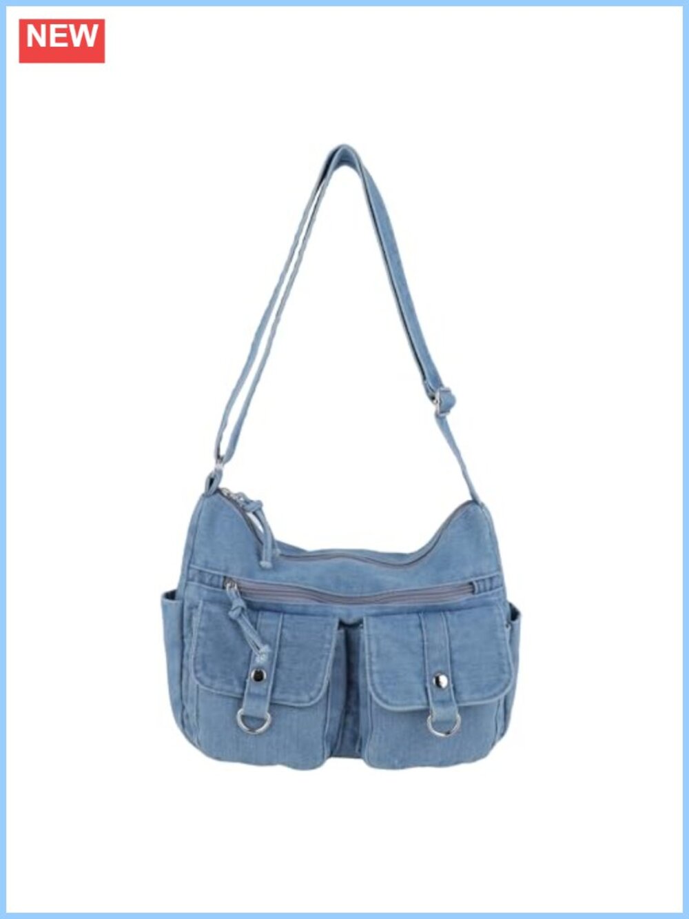 Washed Denim Hobo Crossbody Bag Multi Pocket Adjustable Strap Utility Purse